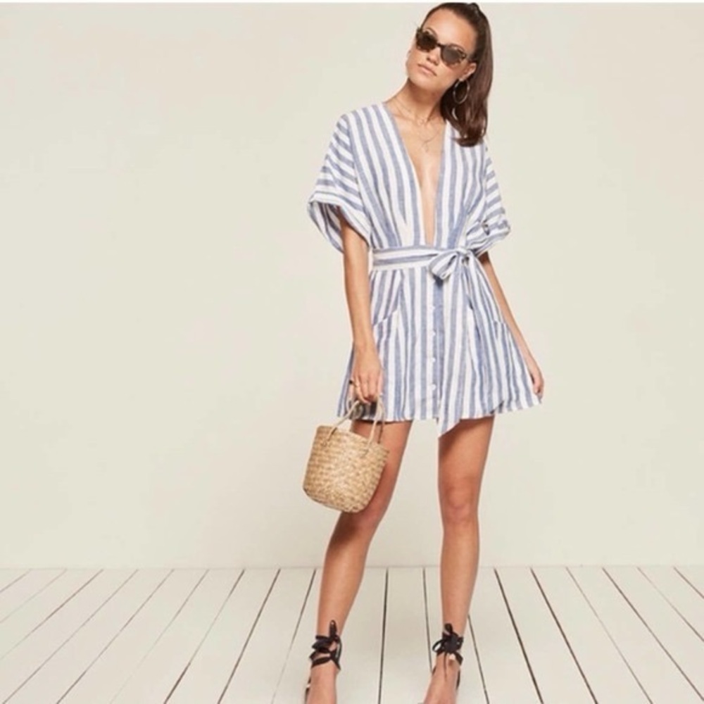 Reformation Cecilia Mini Striped Blue and White Dress